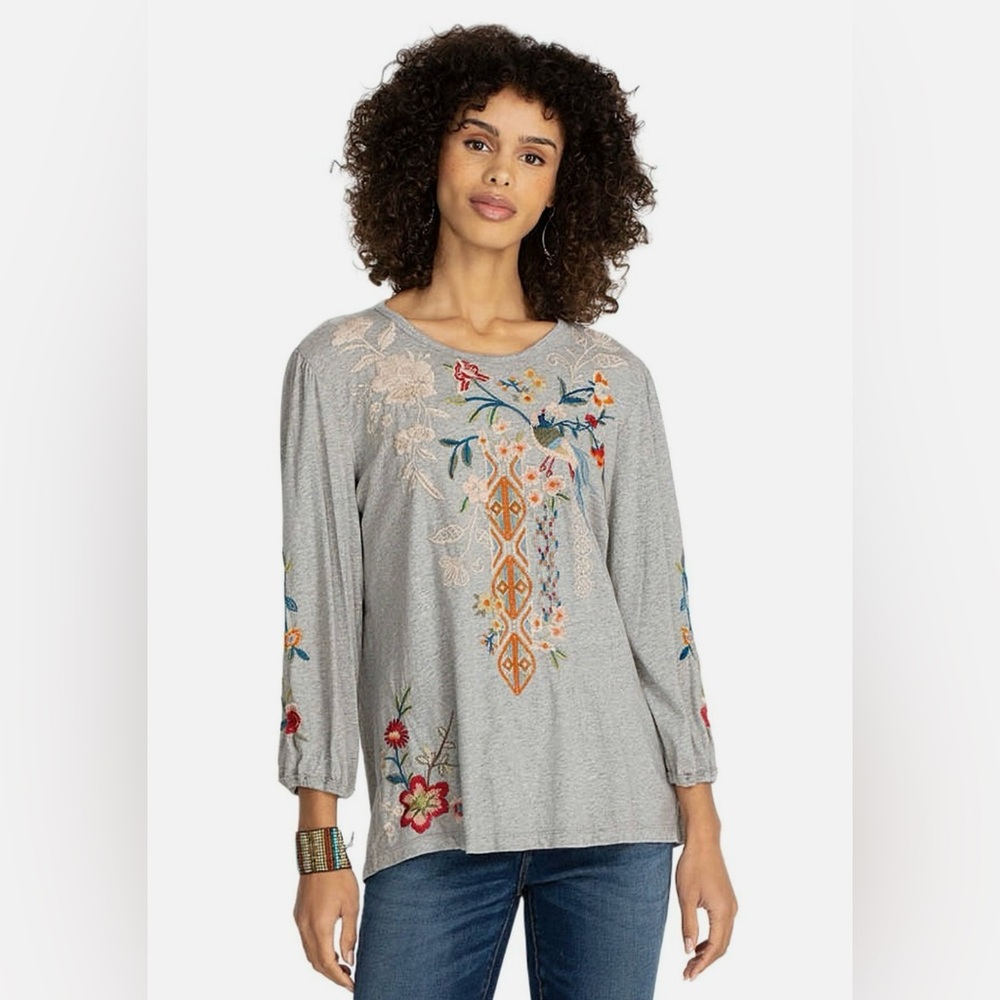 Johnny Was Ellia Heather Grey Puff Shirt Blouse Floral Embroidered Top XS Artsy